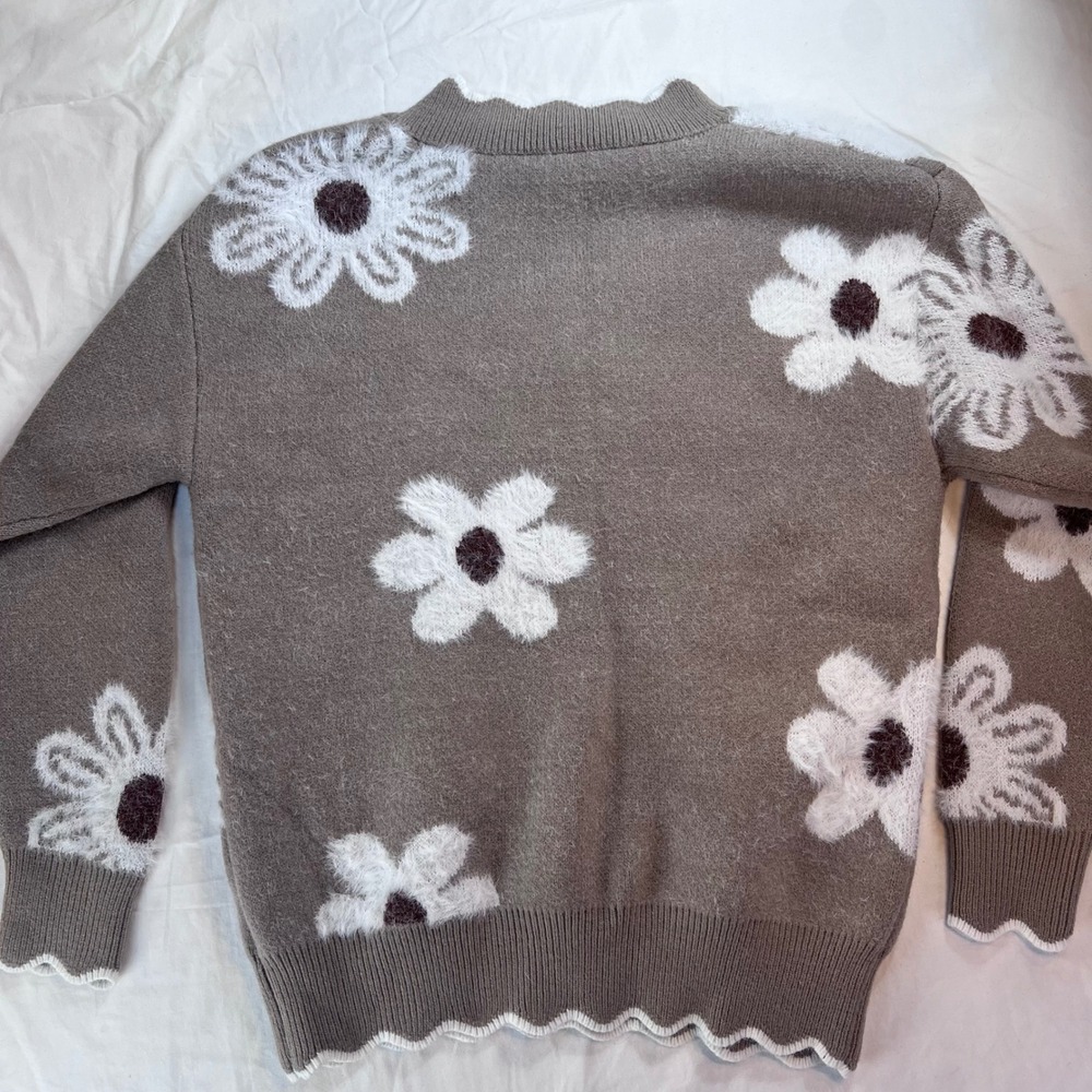 Womens Floral Daisy Scalloped V-Neck Knit Sweater Taupe Brown White Large - Picture 10 of 11